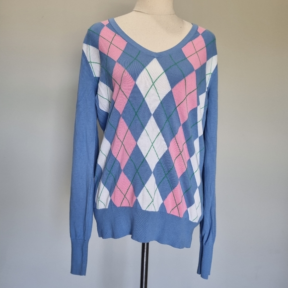 Tommy Hilfiger Blue & Pink Argyle V-Neck Cotton Knit Jumper Size L - Picture 2 of 8